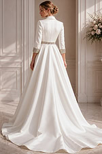 satin ball gown featuring a sophisticated collared plunge neckline, three-quarter sleeves