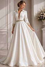 satin gown combines a tailored shirt-inspired bodice with a dramatic deep V-neckline. Intricate beadwork
