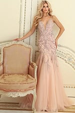 Blush embellished gown with deep V neckline and tulle skirt