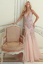 Fitted beaded dress featuring plunging neckline and delicate straps