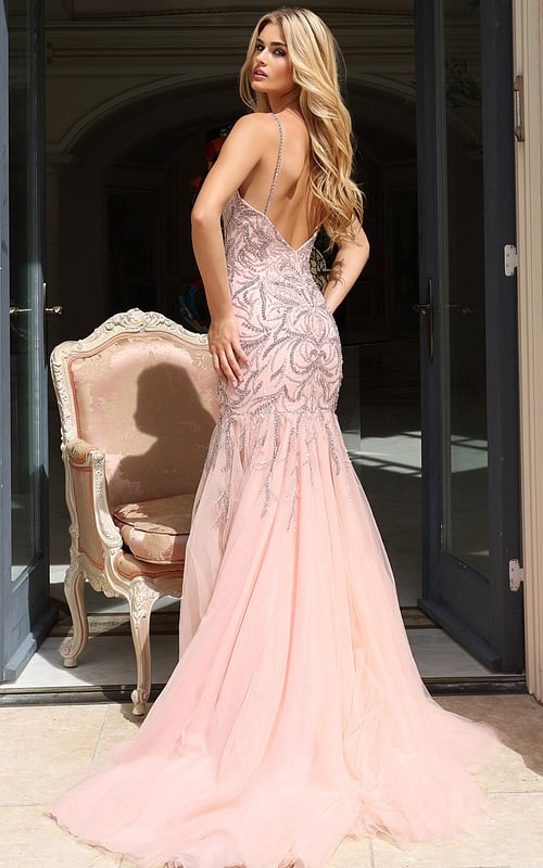 Glamorous beaded gown with sheer plunging front and mermaid silhouette