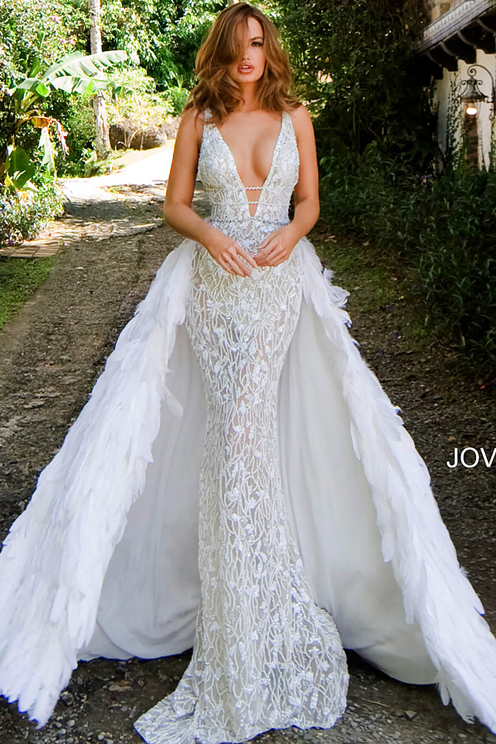 Jovani S00937 Silver Beaded plunging Neck Couture Dress | Jovani