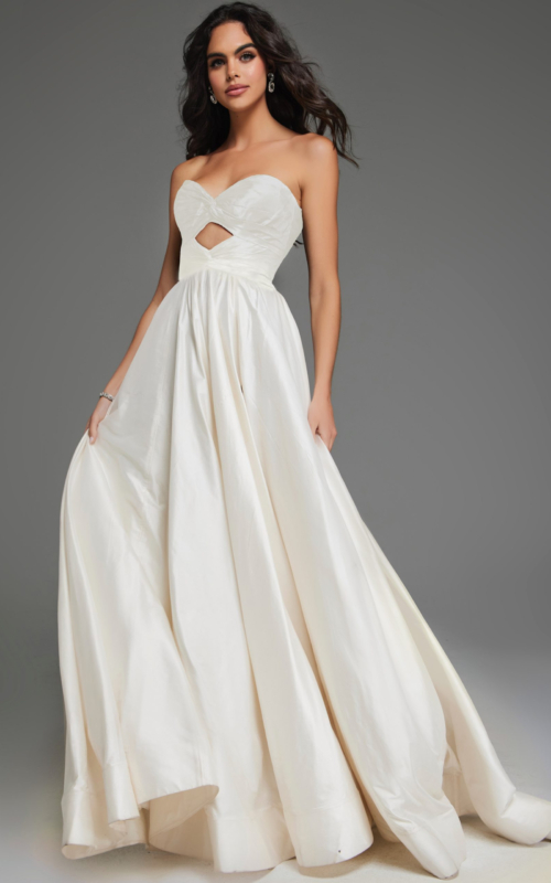 model wearing S67083 white elegant gown with sweetheart neckline and A-line silhouette