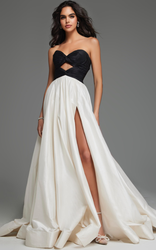 model wearing S67083 black and white gown with high slit and strapless bodice