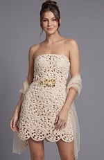 Fitted ivory crochet dress with a straight-across neckline and a metallic gold botanical waist accent.