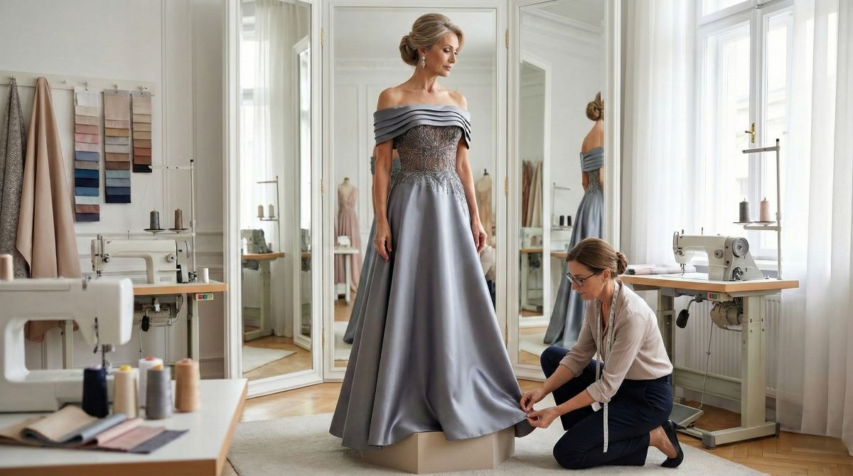 Tailor altering silver Jovani mother of the bride dress.