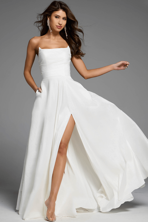 Strapless Ivory Gown With High Slit And Flowing A-Line Skirt D5822