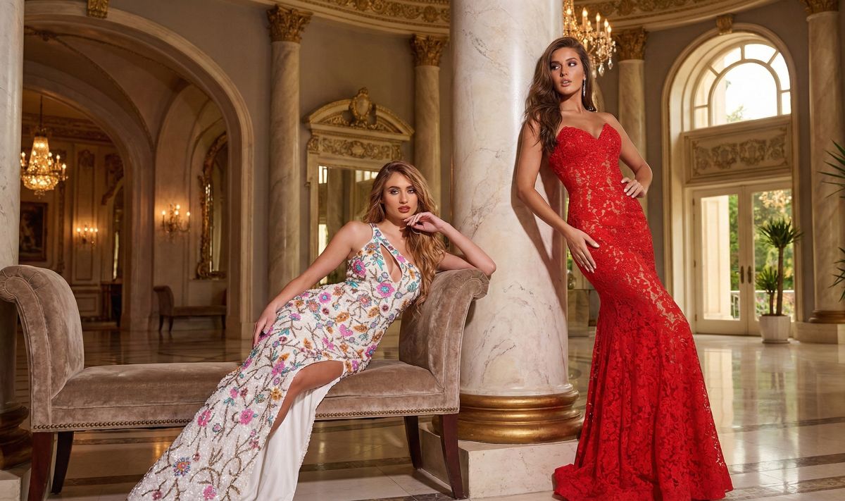 Two models posing in formal dresses; one wearing a white sequin gown with colorful floral embroidery and the other in a strapless red lace mermaid dress.