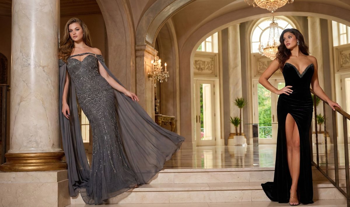 Two models wearing vintage-inspired prom gowns; one in a grey beaded dress with a sheer cape and the other in a black velvet gown with a jeweled neckline and high slit.
