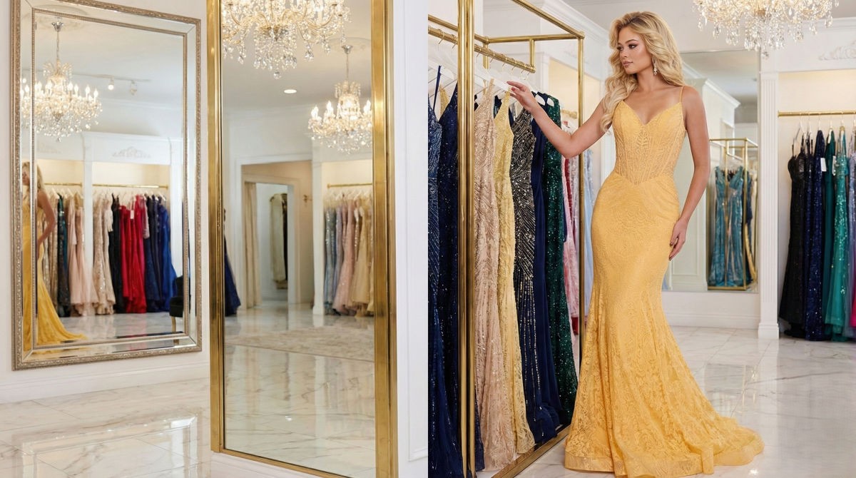 Woman wearing a gold gown browsing through a rack of colorful sequin dresses in a luxury prom dress boutique.