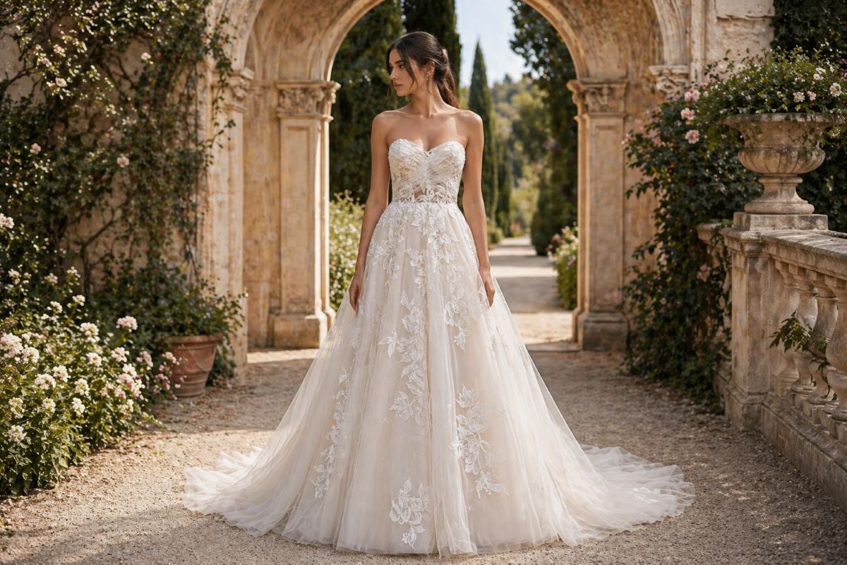 Bride in strapless A-line ivory wedding dress with floral appliqué and tulle skirt