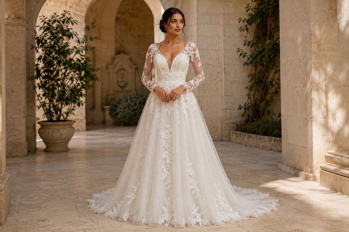 A-line wedding dress with sheer floral sleeves and deep V neckline