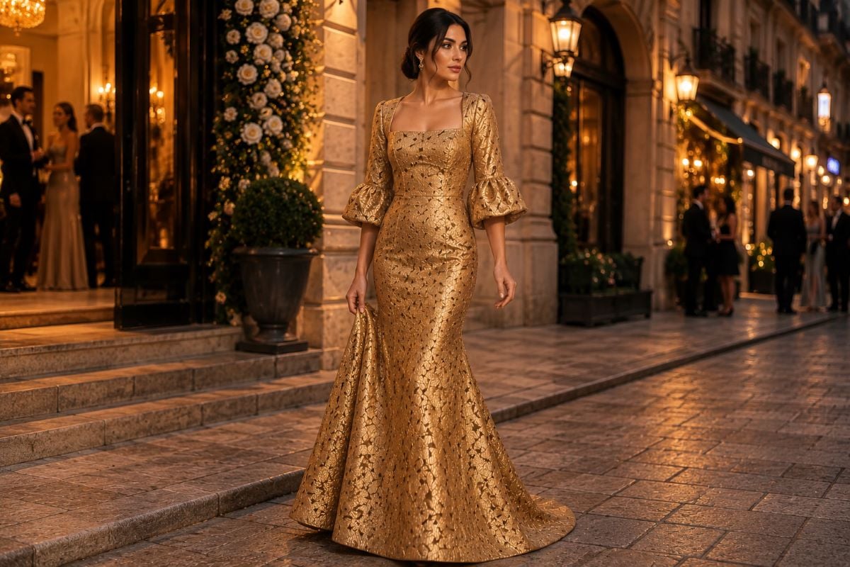 Antique gold metallic wedding guest gown in luxury city setting