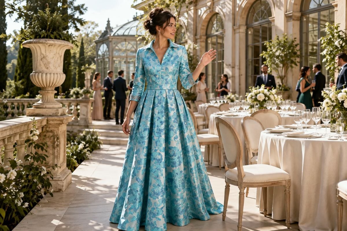 Aqua brocade gown for formal wedding