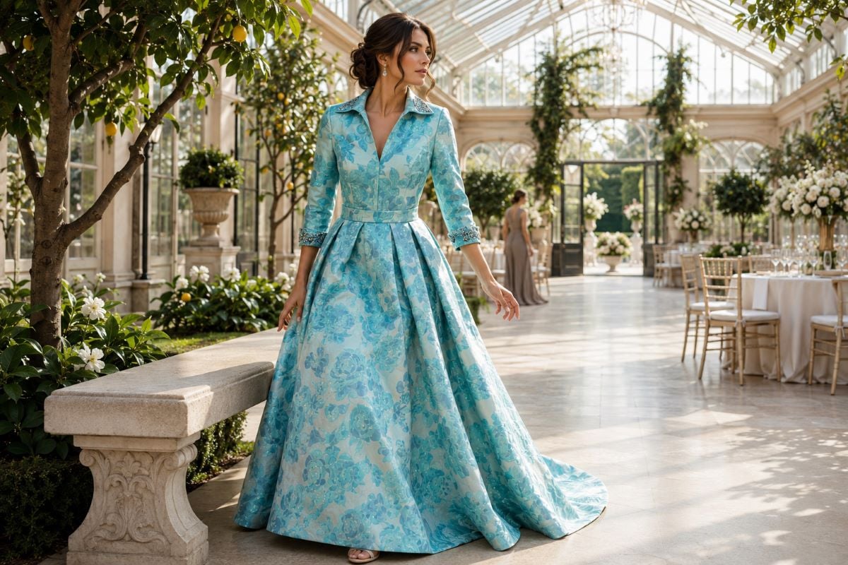 Aqua floral three quarter sleeve gown