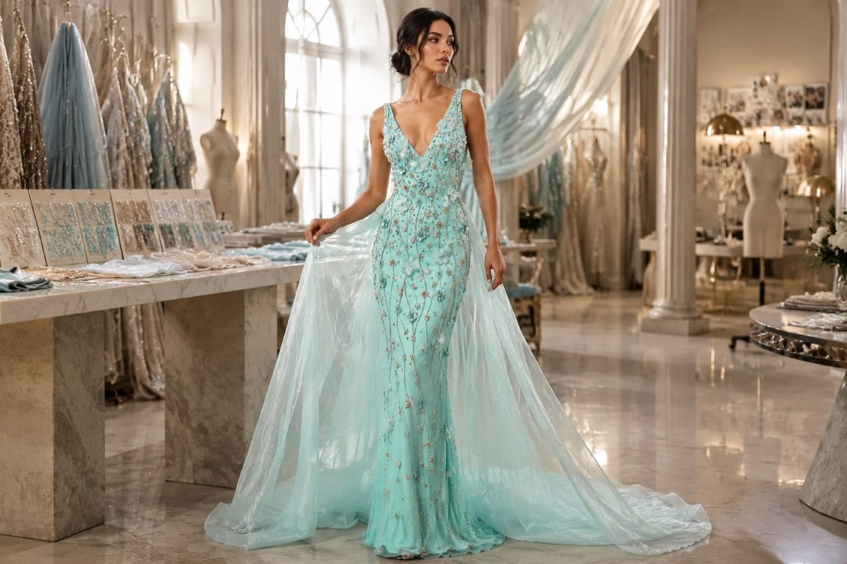 Aqua couture gown with layered fabric