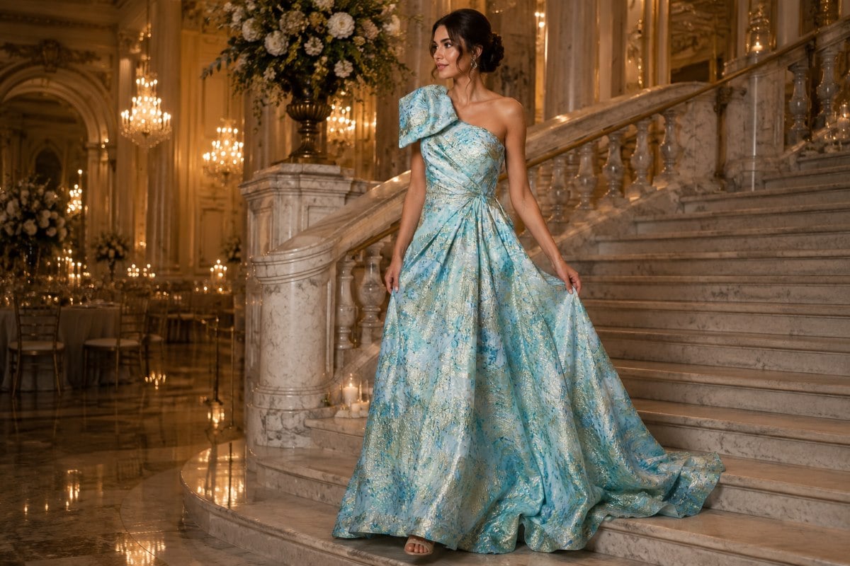 Aqua metallic fit and flare gown