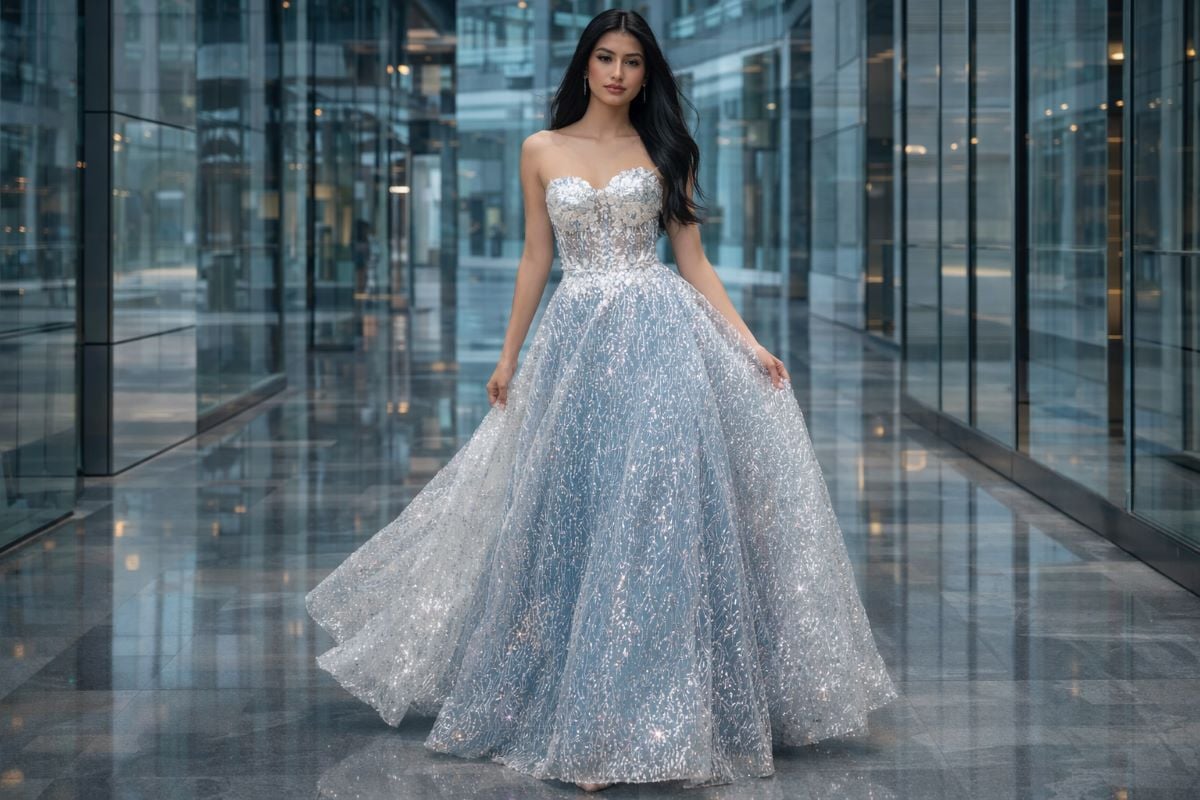 Strapless corset ball gown with silver embellished tulle overlay