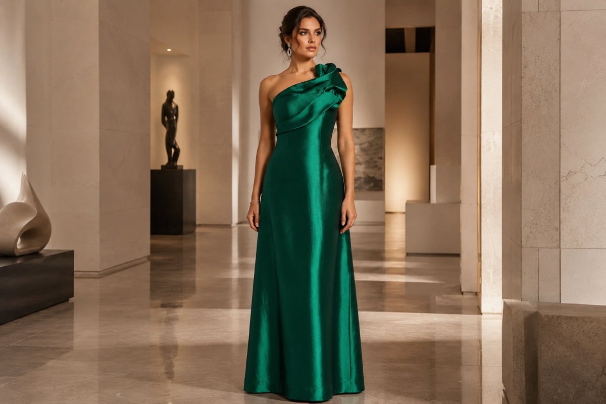 Architectural one shoulder satin evening gown