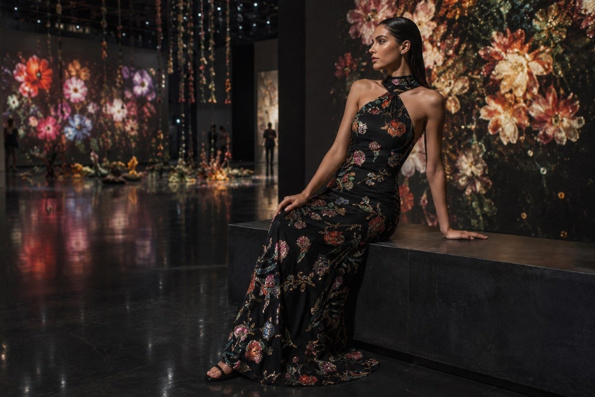 Floral embellished gown at contemporary art gallery