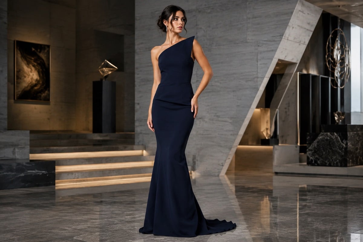 Elegant asymmetric navy evening gown look