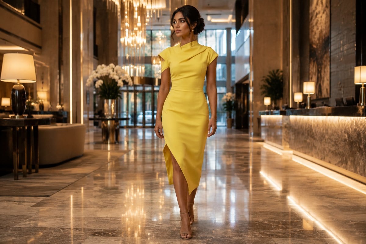 Elegant yellow midi dress in luxury hotel lobby editorial scene