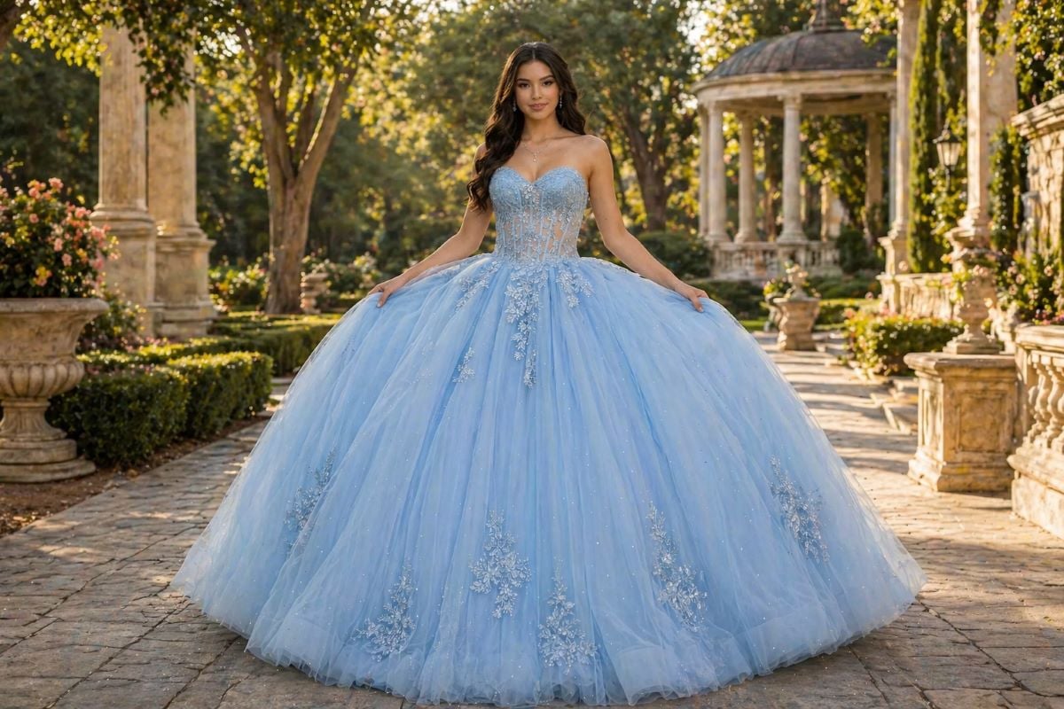 baby blue quinceañera ball gown with tulle skirt and lace appliqué