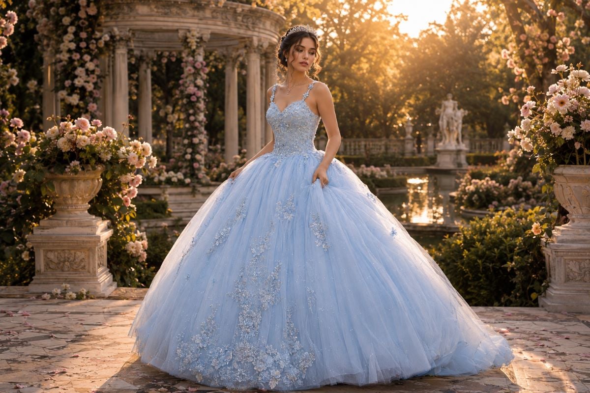 Baby blue quinceañera gown in garden