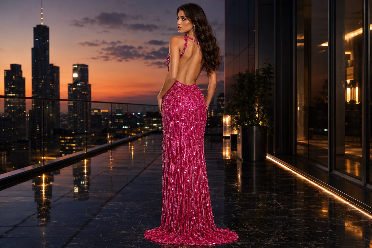 Backless sequin evening gown with invisible support