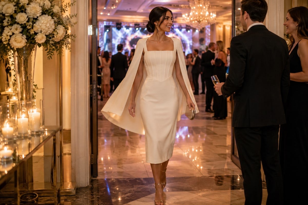 Bat mitzvah evening guest in ivory cape dress