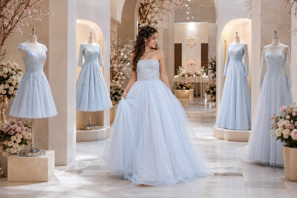 Bat mitzvah gown comparing sleeve styles