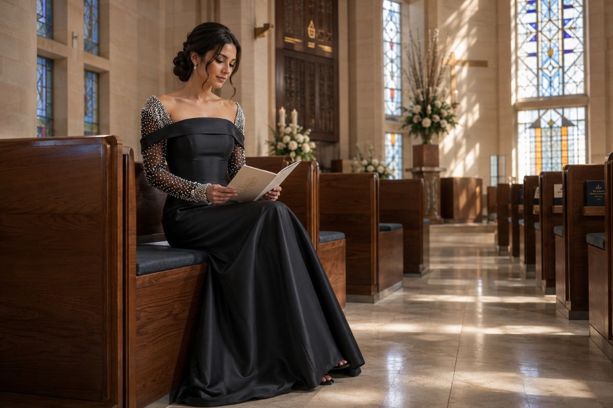Bat mitzvah synagogue guest in black gown