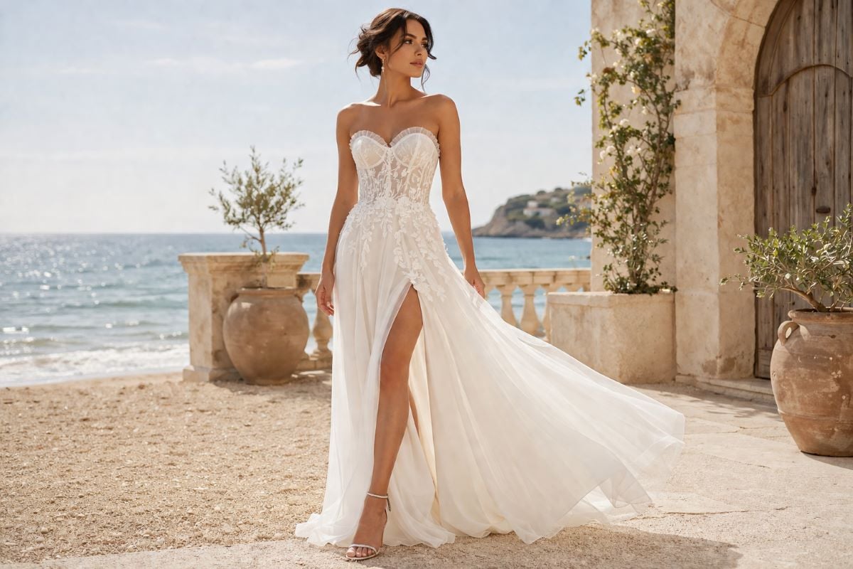 Strapless slit chiffon gown in beach wedding setting