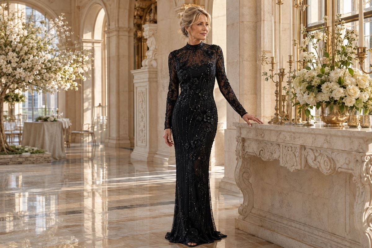 Beaded black mother of bride gown
