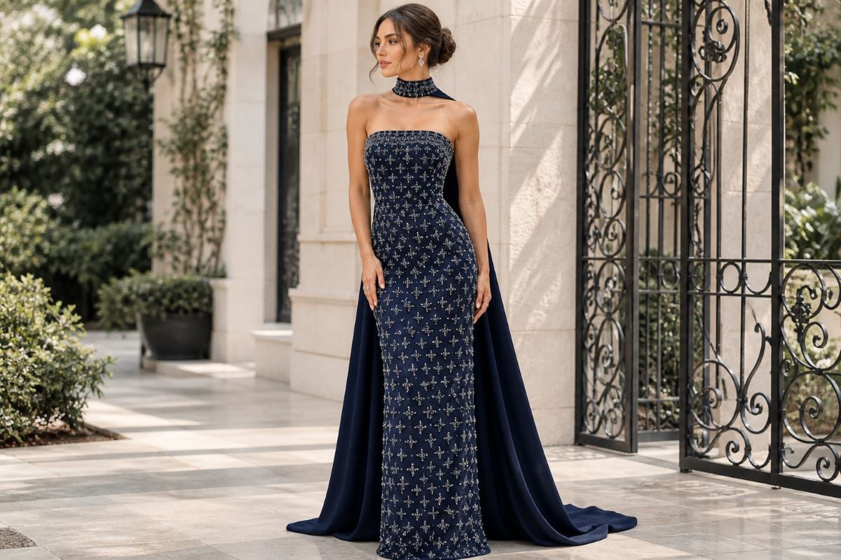 strapless beaded column gown with choker cape in outdoor setting