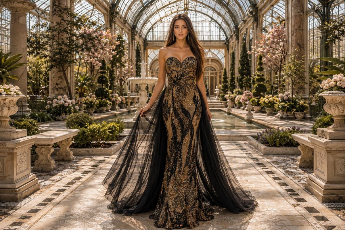 Beaded evening gown with flowing overskirt