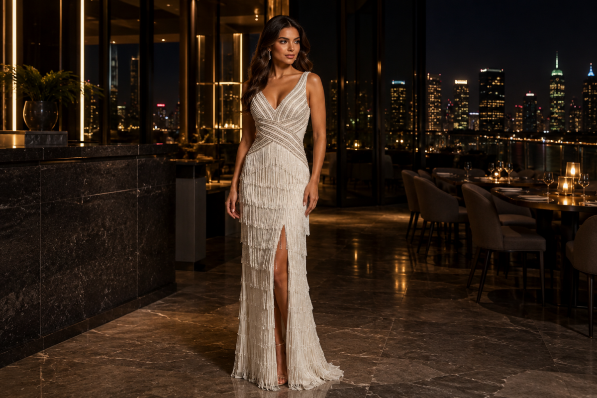 Beaded fringe high slit evening gown