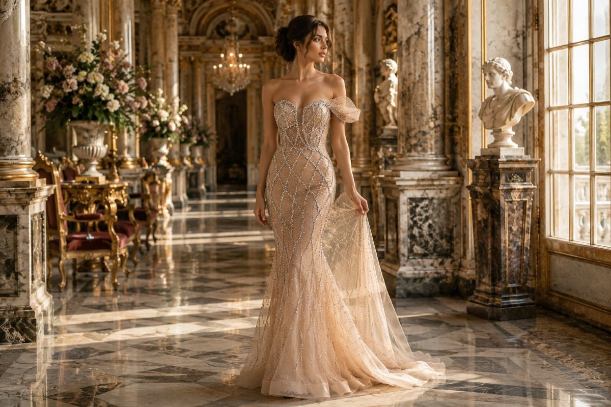 Beaded illusion mermaid evening gown editorial