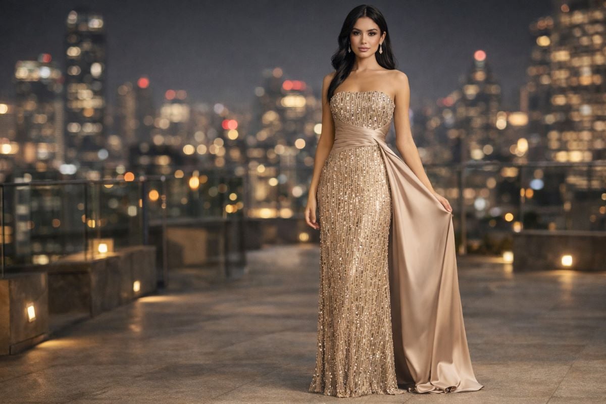 Beaded nude evening gown with draped sash at night