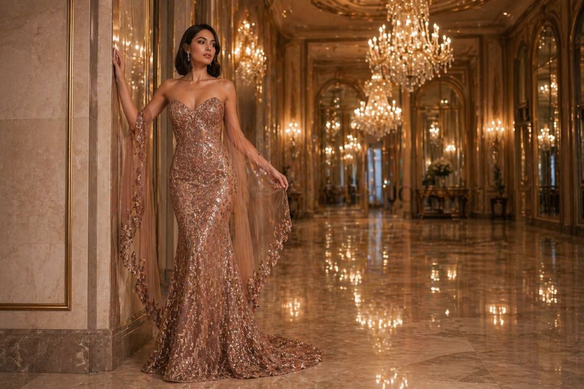 Beaded nude evening gown with sweetheart neckline