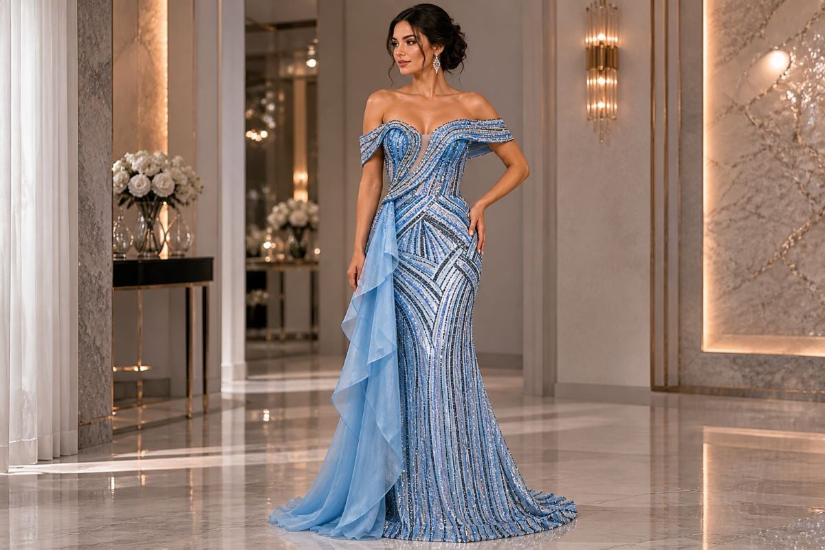 beaded off shoulder evening gown with fabric drape
