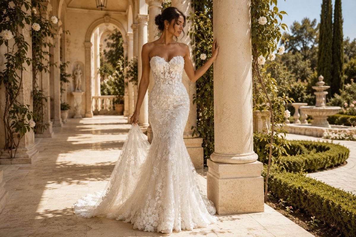 Floral mermaid wedding gown editorial look
