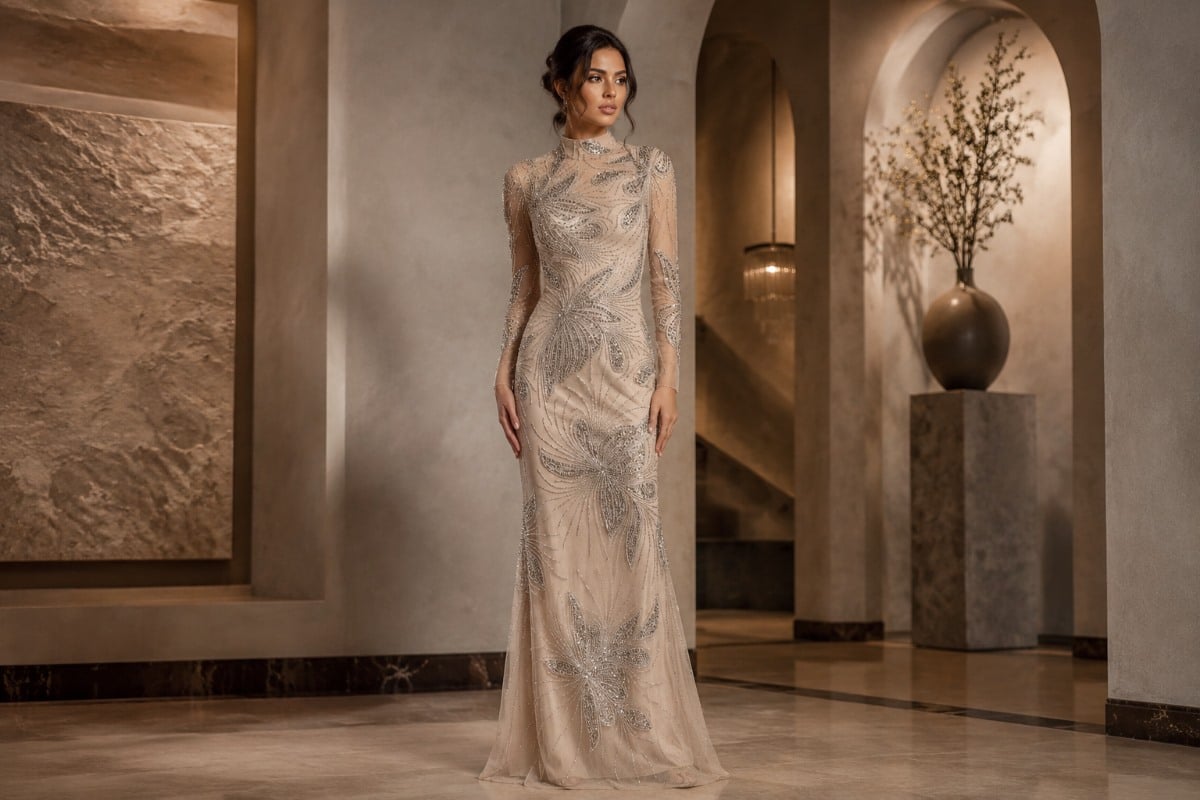 Beige sequin pearl evening gown