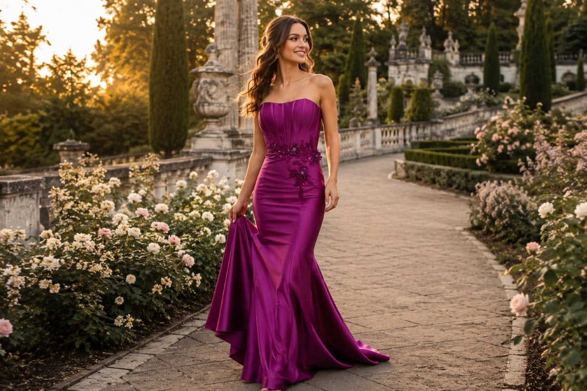 Berry mermaid gown in romantic garden