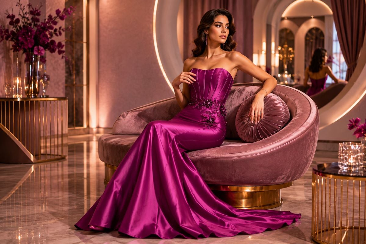 Berry satin mermaid gown with natural waist