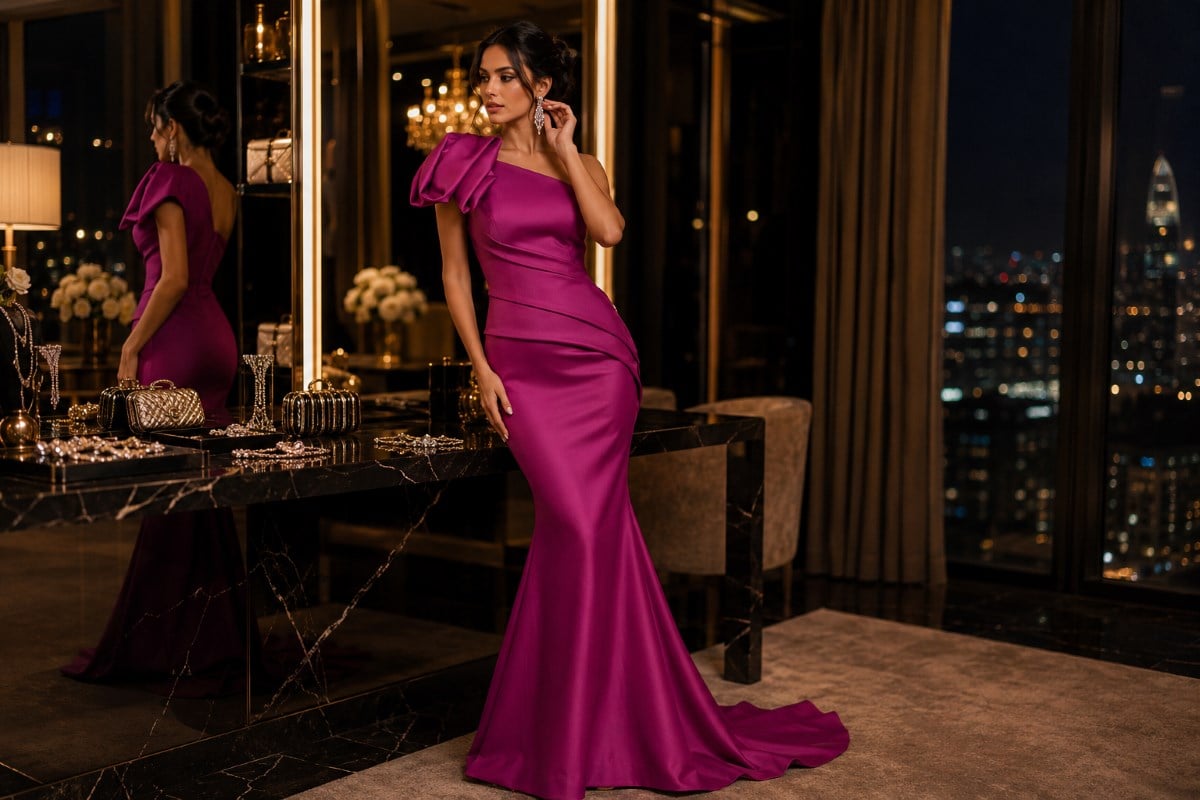 Berry satin mermaid gown with glamorous evening jewelry styling