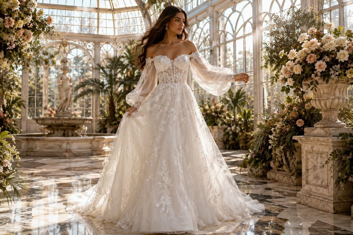 Romantic bishop sleeve wedding dress style