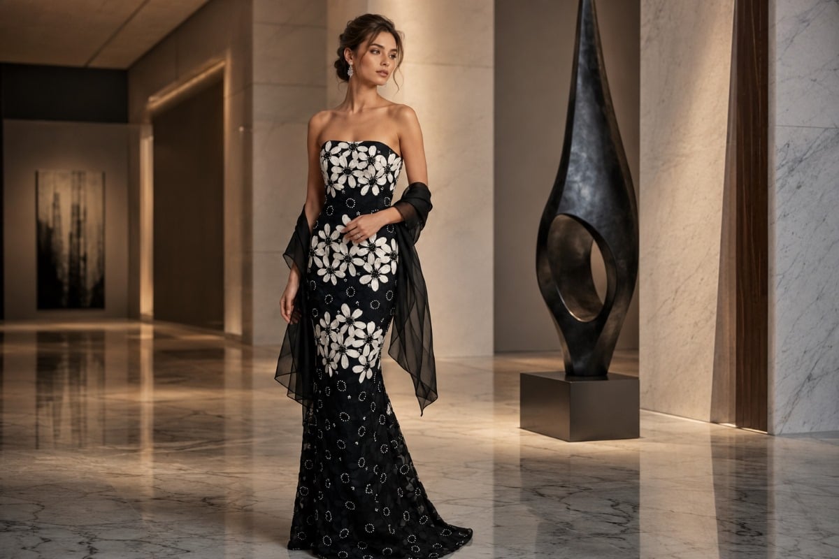 Black floral appliqué gala gown elegance