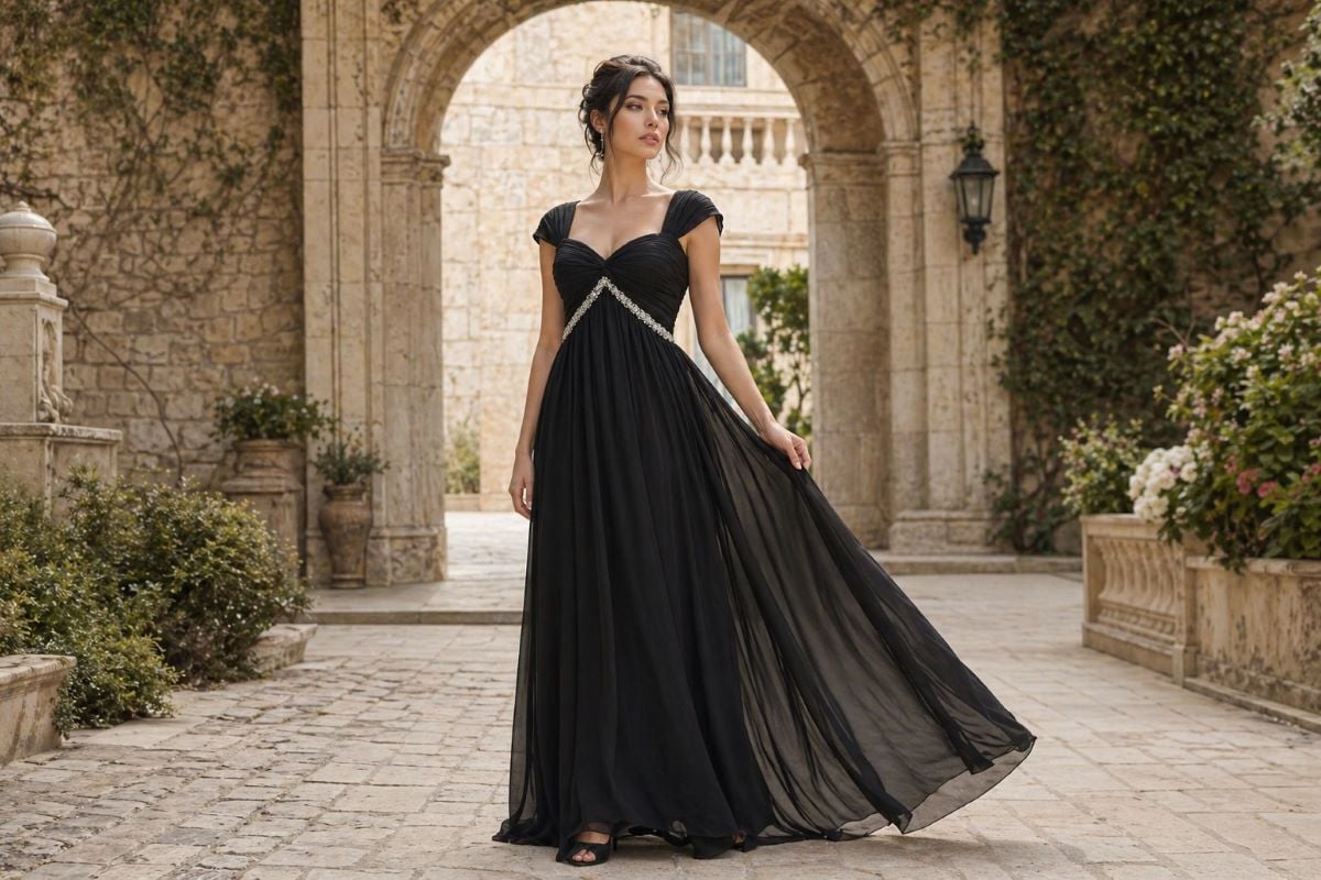 black A-line evening gown with empire waist and sweetheart neckline