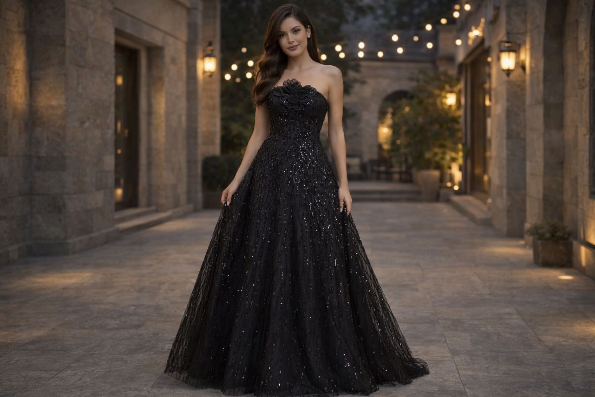 Black A-line strapless evening gown with tulle skirt